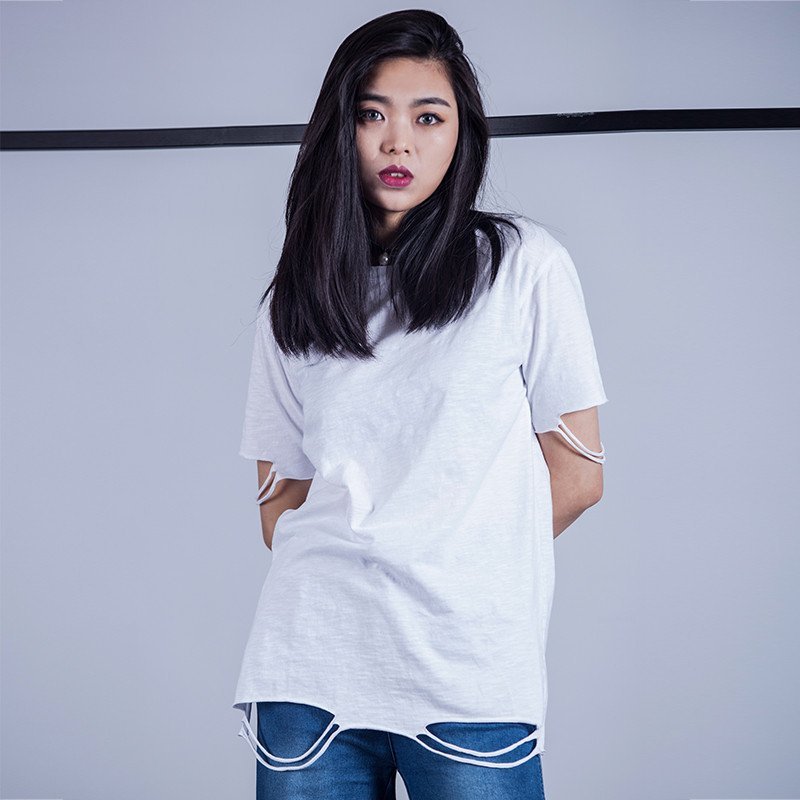 SIMINA女装2016春夏上衣短袖 时尚破洞纯色直筒短T恤打底衫体恤女 SY61001 均码 白色