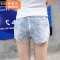 琳朵儿2016夏季新品 韩版蕾丝拼修身牛仔短裤 L 蓝色配送腰带