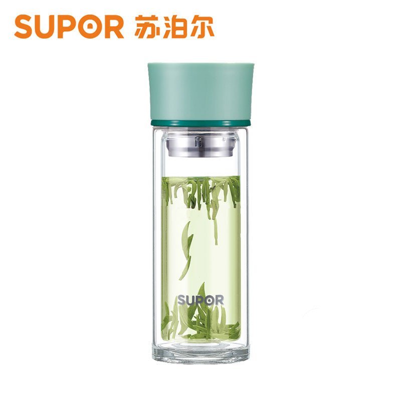 苏泊尔(SUPOR)纤巧耐热玻璃杯KC28AK2 时尚青春硅胶杯套手提水杯学生杯办公茶杯双层随行杯带茶隔280ml