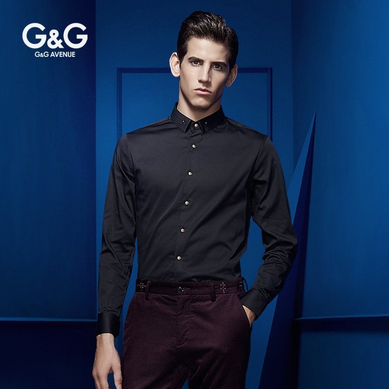G＆G 春季男士丝光棉长袖衬衫商务休闲方领衬衣韩版修身时尚青年 185/XXL 黑色