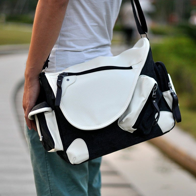 薇思黛 2016新款 韩版男包帆布单肩包斜挎包休闲青年男士包包斜跨包 黑色