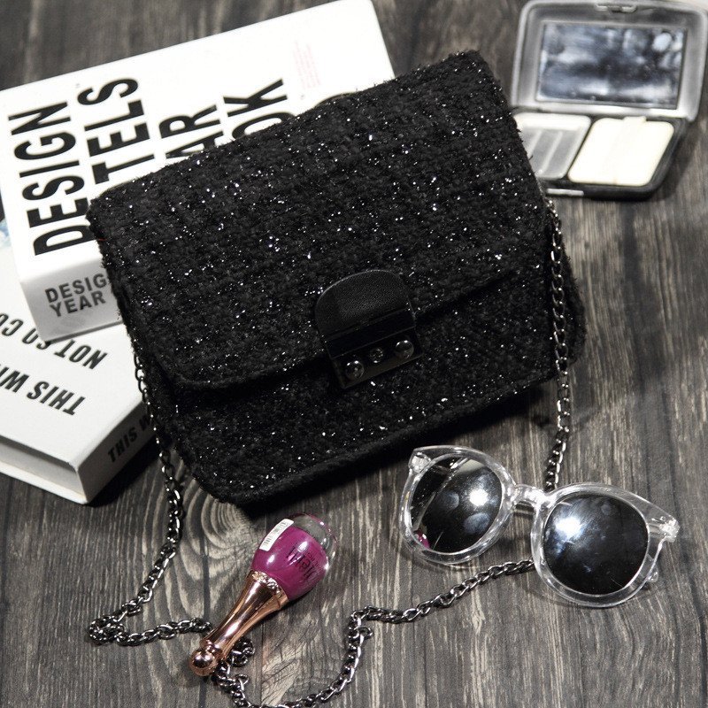 薇思黛 2016新款 韩版潮斜挎包呢子小方包小香链小条包单肩斜跨包女包 黑色大号