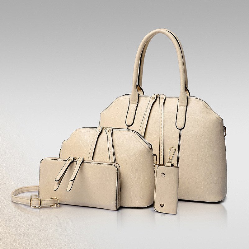 薇思黛 2016新款 欧美时尚女包牙签纹四件套女包潮流子母包 米白色