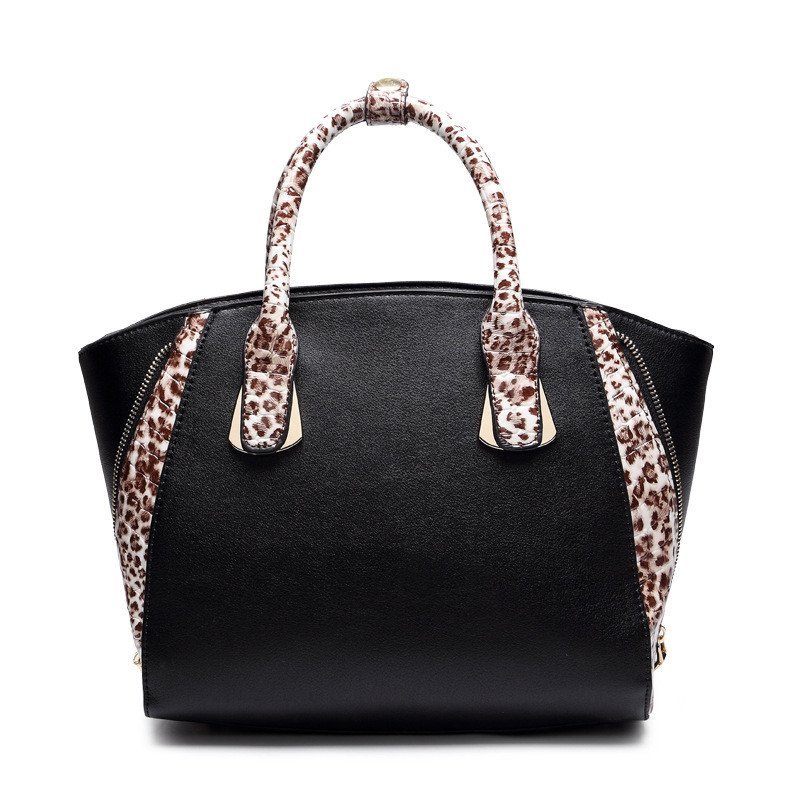 薇思黛 2016新款 欧美风格贝壳包百搭豹纹手提单肩斜挎包包女包 黑色