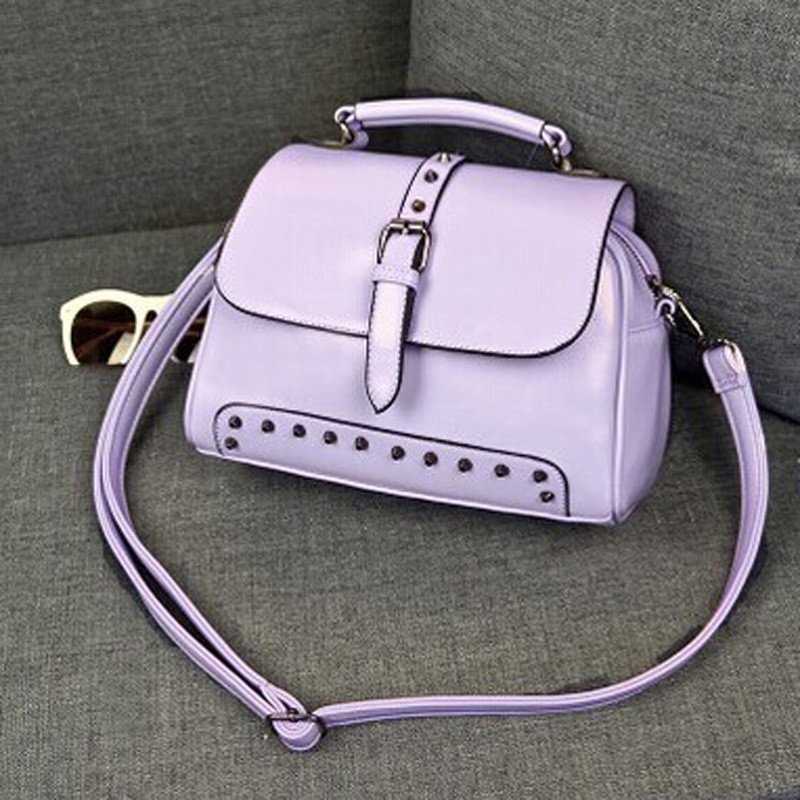 薇思黛 2016新款 欧美时尚潮流女包铆钉邮差包手提包油蜡皮单肩斜挎包 香芋紫色