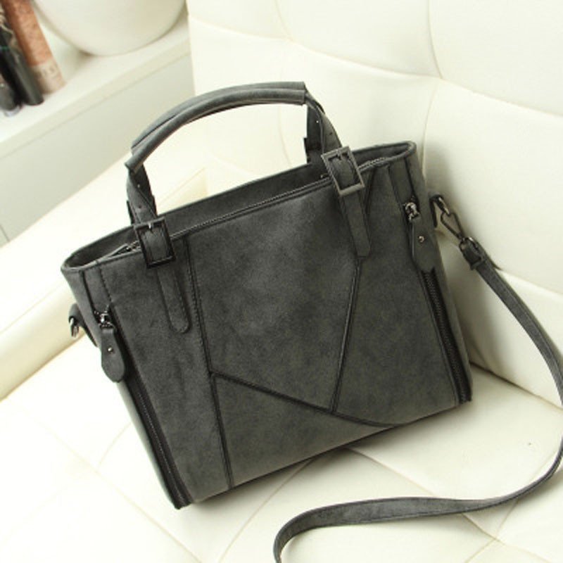 薇思黛 2016新款 欧美时尚拼接磨砂皮女包手提大包斜挎单肩包女包 深灰色