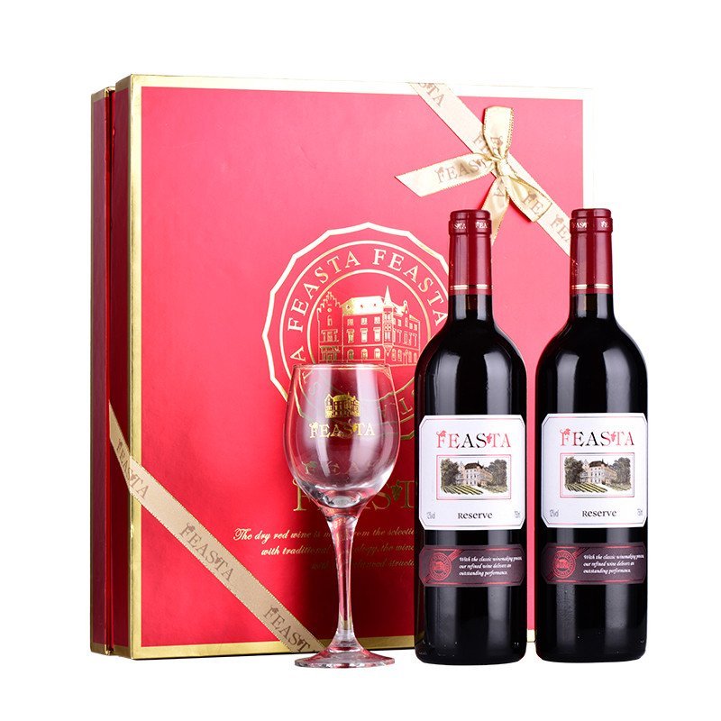 【苏宁超市】菲思特（FEASTA）珍藏干红葡萄酒礼盒 12度 750ml*2、酒杯*1礼盒装 干型葡萄酒