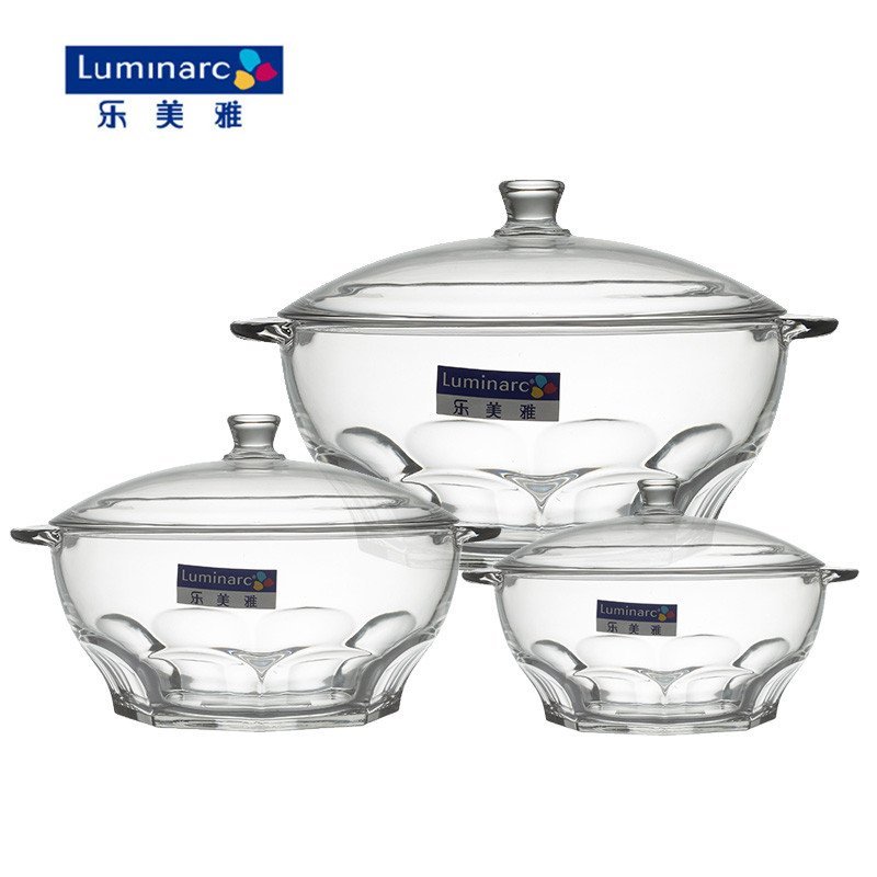乐美雅(Luminarc)花岗岩双耳全钢化玻璃汤碗水果沙拉碗(带盖)透明1.5L微波炉可用