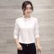 蓝白两色 2016春季新款女装韩版修身显瘦荷叶领 长袖拼接短款开衫衬衫女 XL 白色