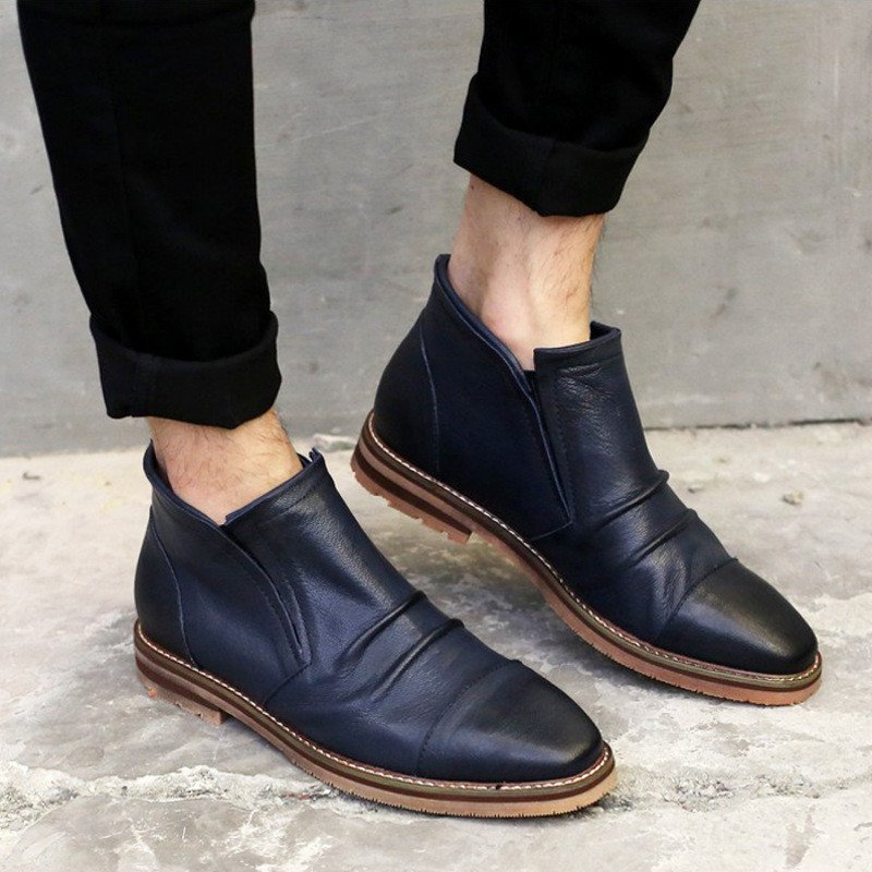 uyuk 2016春季中筒工装靴尖头男布洛克高帮皮靴短靴男 做旧兰 38高清