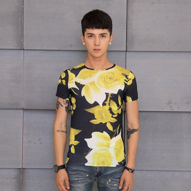 丹杰仕男士圆领碎花短袖t恤潮男 夜店花衣服夏天半袖上衣打底衫 l