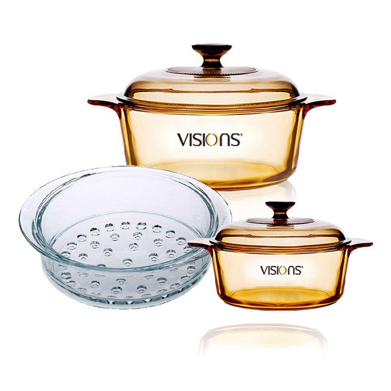 康宁(VISIONS)锅具套装VS22+VS12+VSM20晶彩透明蒸锅玻璃汤锅蒸格家用汤锅