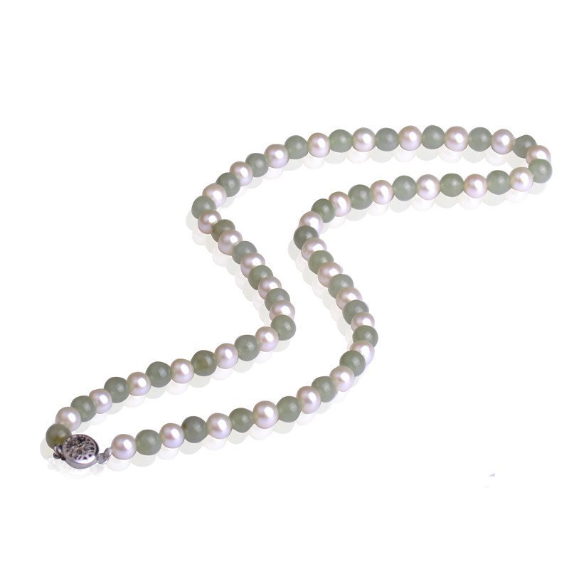 梦克拉Mkela 925银和田玉珍珠项链 韵味 和田玉碧玉珍珠链 玉石银玉器珠宝链子 女款