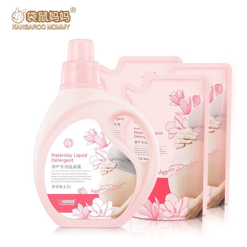 袋鼠妈妈 孕妇洗衣液1.1L*1瓶+500ml*3补充装 衣物清洁剂 孕妇专用