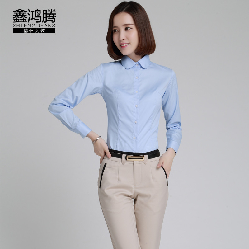 鑫鸿腾2016秋装新款职业大码女装修身长袖衬衫女士 纯色翻领衬衣显瘦打底衫女上衣 GMD-1529 3XL 蓝色