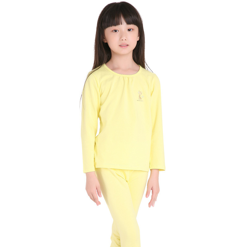猫人儿童 女童纯棉莱卡套服女孩保暖家居服套装KU247003 160cm 嫩黄