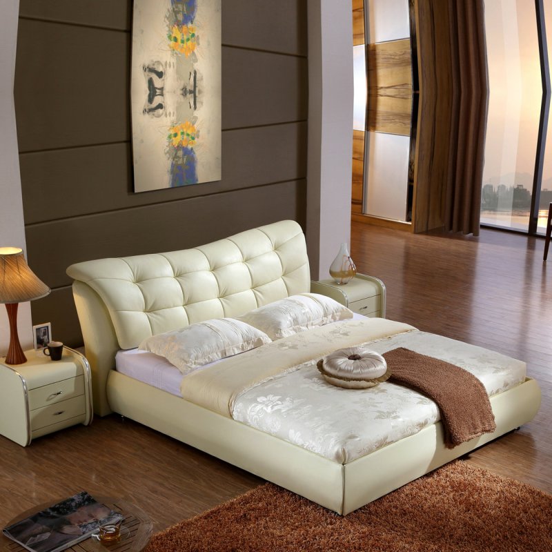 艾窝窝 进口真皮床双人床 1.8米时尚软床储物箱皮床现货 米黄色 1500*1900气压结构 1.8*2.0米（气压结构）