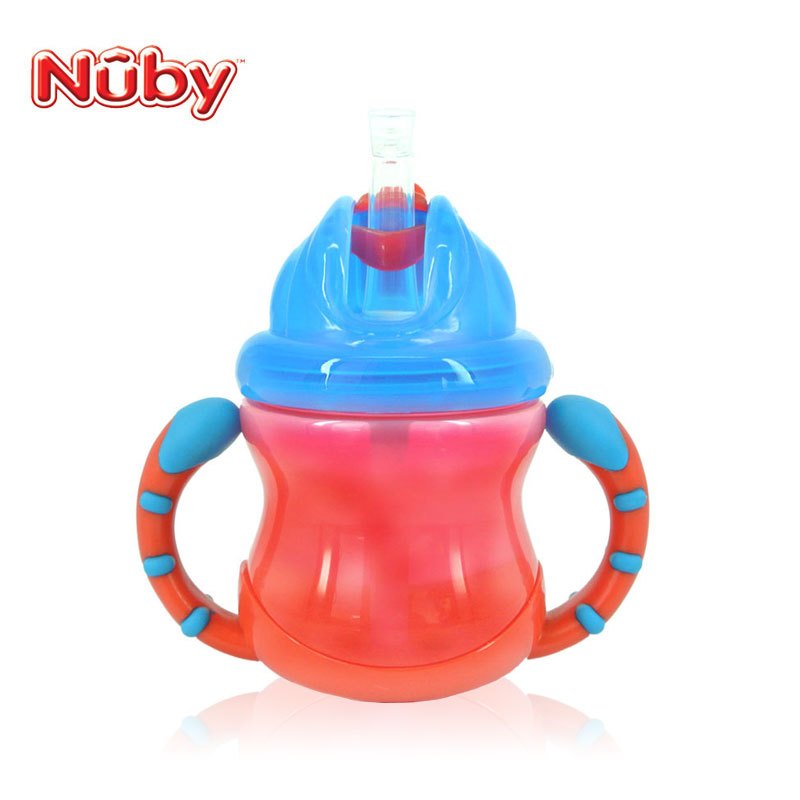 努比(Nuby)双耳防漏（有硅胶圈）pp吸管杯240ml--蓝盖红身