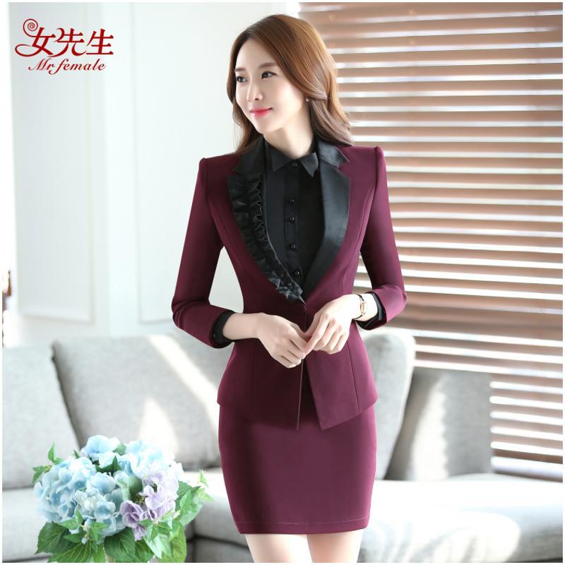 【女先生西服套装】2016秋冬新款长袖西服套装职业装外套裤白领韩版修身OL气质女装正装工作服面试前台套装通勤大码 XXL SY1690C82枣红套裙