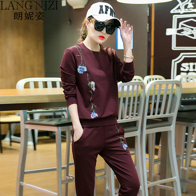 朗妮姿 卫衣套装女 2016秋装新款长袖休闲运动服套两件套女 TZ261 XL 酒红色
