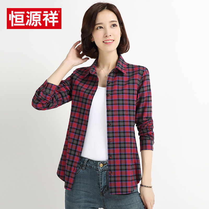 恒源祥红格子衬衫女秋装新款休闲百搭女装外套宽松纯棉长袖衬衣女 160/M C500红色1号