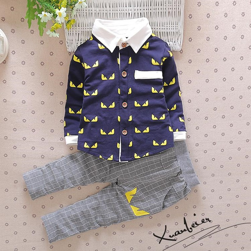 包包小象 2016新款0-1-2-3岁男童男宝宝春秋季休闲衬衫开襟衫套装两件套 建议身高73CM-80CM 藏蓝色满身眼衬衫套