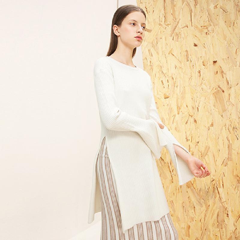 糖力2016冬装新款欧美女装圆领白色中长款连衣裙修身针织裙子预售 M 冬日白