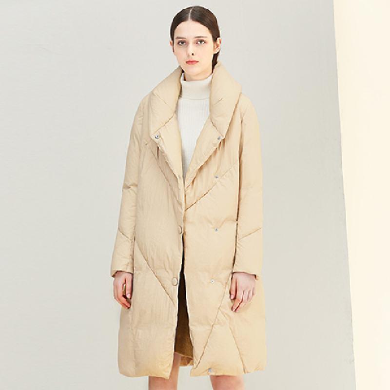 糖力2016冬装新款欧美 女装长袖中长款裸色外套翻领宽松羽绒服 S 玛格裸