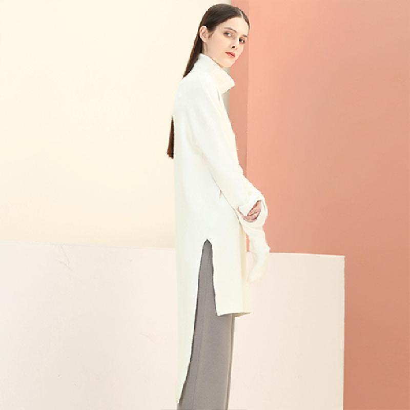 糖力2016冬装新款欧美女装白色长袖高领中长款毛衣套头针织上衣 M 燧纹白