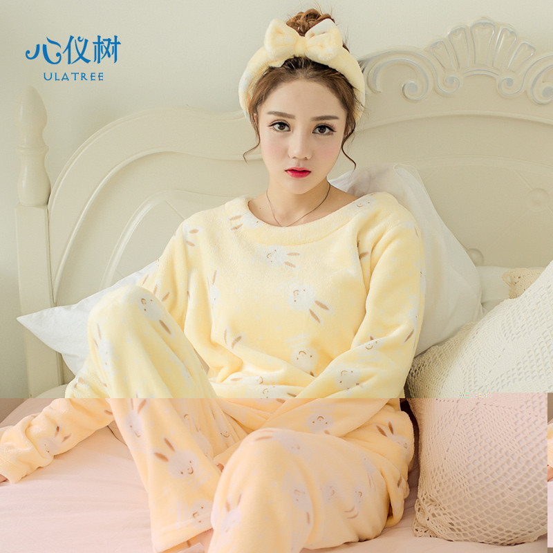 睡衣女冬季法兰绒长袖睡衣女加厚保暖卡通兔子家居服珊瑚绒套装 XL CX-兔子绒黄色
