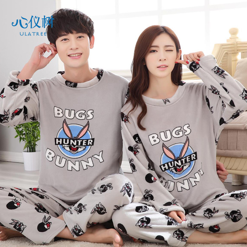秋冬季男女士法兰绒睡衣女保暖可爱卡通熊绒质家居服套装 男款L码 HX-兔八哥情侣绒