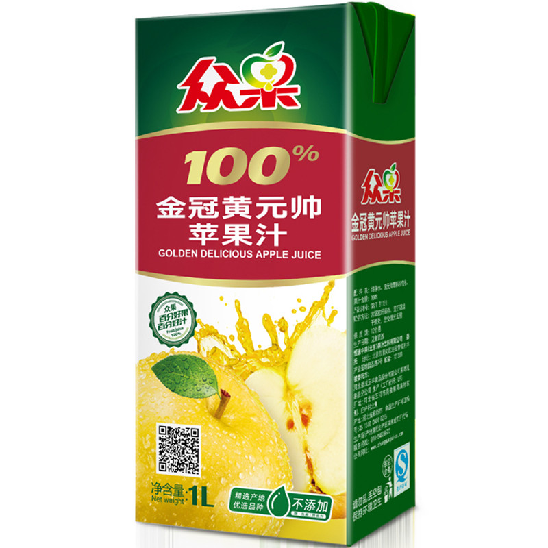 众果100%纯果汁 金冠黄元帅苹果汁 便携装 1L×6盒 箱装 果汁饮料