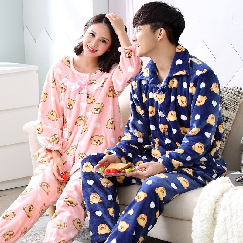 茵珠麗YinZhuli 秋冬季新款男装女装开衫水貂绒保暖长袖情侣服 冬天法兰绒时尚卡通休闲男士女士睡衣家居服套装9402 图色 男款2XL码