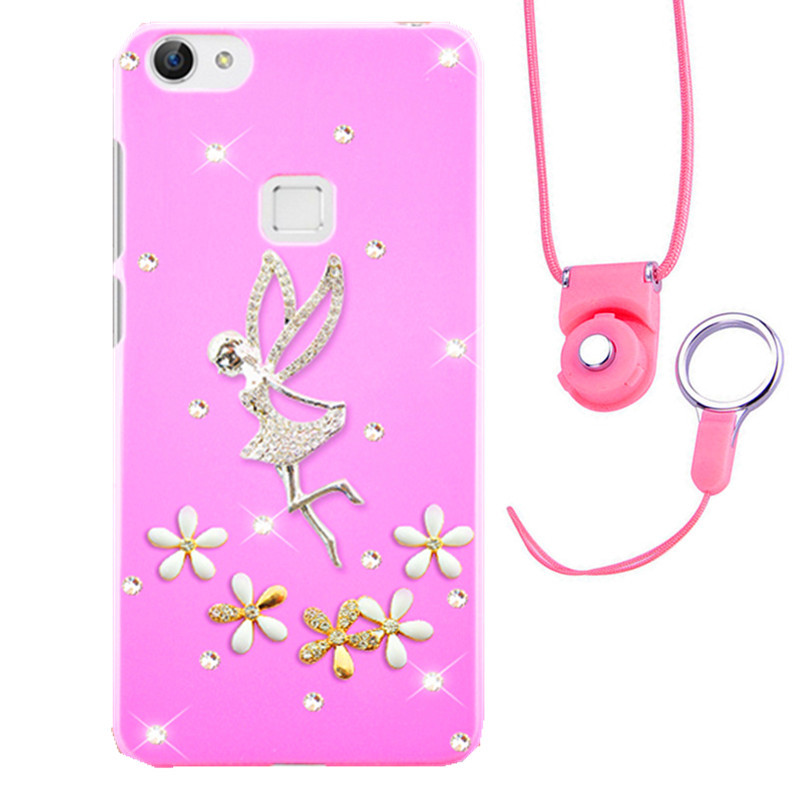 摩洛 爱心彩壳珍珠水钻手机壳保护套带挂绳 适用于VIVO X6/X6D/X6SA/5.2屏 粉壳银天使+粉挂绳