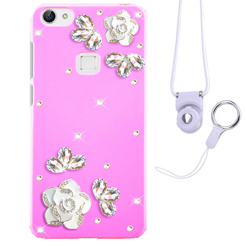 摩洛 爱心彩壳珍珠水钻手机壳保护套带挂绳 适用于VIVO X6/X6D/X6SA/5.2屏 粉壳水钻山茶花白+粉挂绳