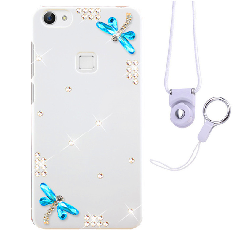 摩洛 爱心彩壳珍珠水钻手机壳保护套带挂绳 适用于VIVO X6/X6D/X6SA/5.2屏 白壳新蜻蜓蓝+白挂绳