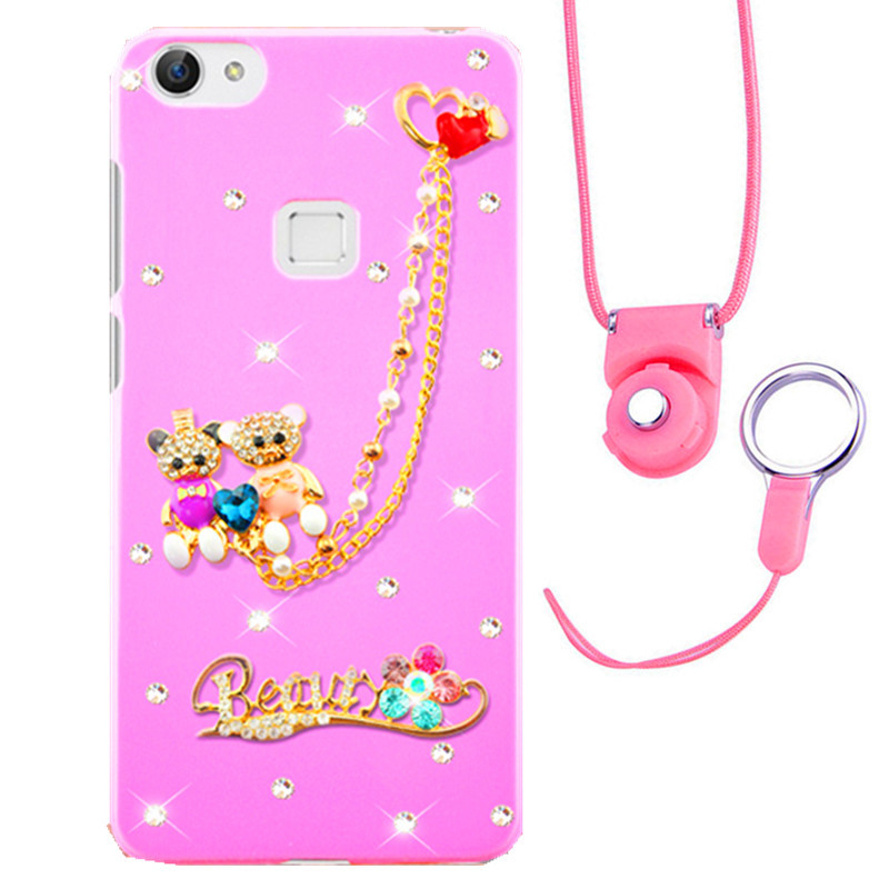 摩洛 爱心彩壳珍珠水钻手机壳保护套带挂绳 适用于VIVO X6/X6D/X6SA/5.2屏 粉壳挂链情侣熊+粉挂绳