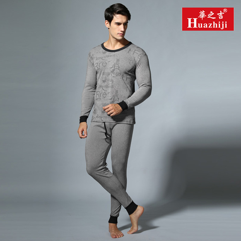 华之吉男士高含量棉印花秋衣秋裤套装 线衣线裤衬衣衬裤薄款保暖内衣 M（高161至166） 黑色REE秋衣套装9010
