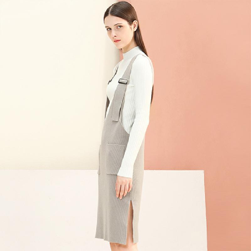 糖力2016冬装新款欧美 女装背带无袖针织连衣裙露肩百搭时尚裙子 S 裸灰色