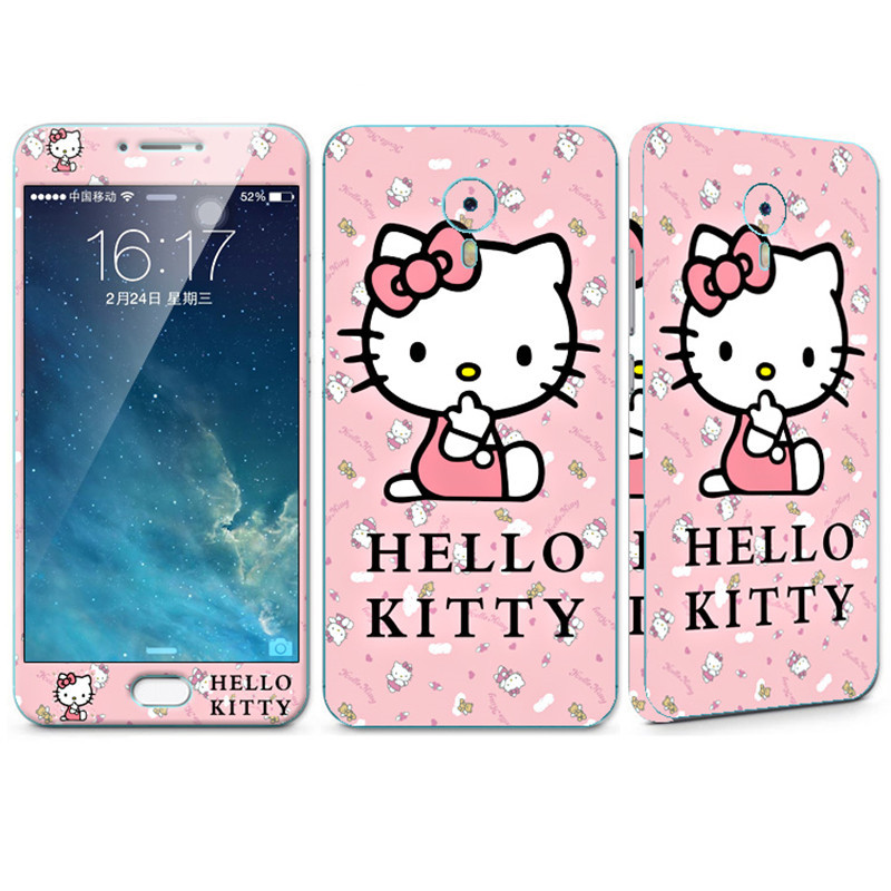 法威仕 前全屏手机钢化玻璃卡通彩膜后保护膜彩膜贴纸 适用于魅族魅蓝note3 可爱kt猫+支架