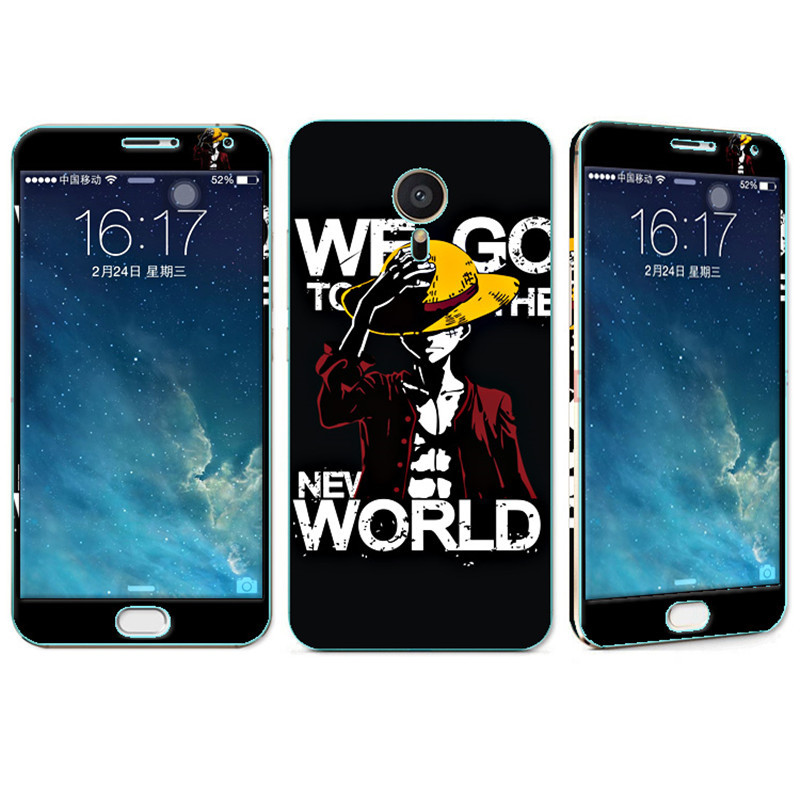 法威仕 前全屏手机钢化玻璃卡通彩膜后保护膜彩膜贴纸 适用于魅族MX5/M575/5.5屏 黑色路飞+支架