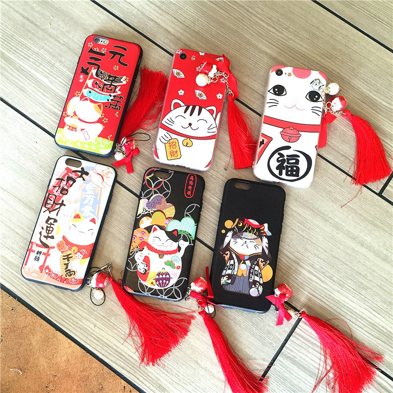三千易°iphone6splus手机壳新款招财猫硬壳陶瓷挂饰苹果6代/6硬壳套喜庆 6/6s大招财运-流苏壳