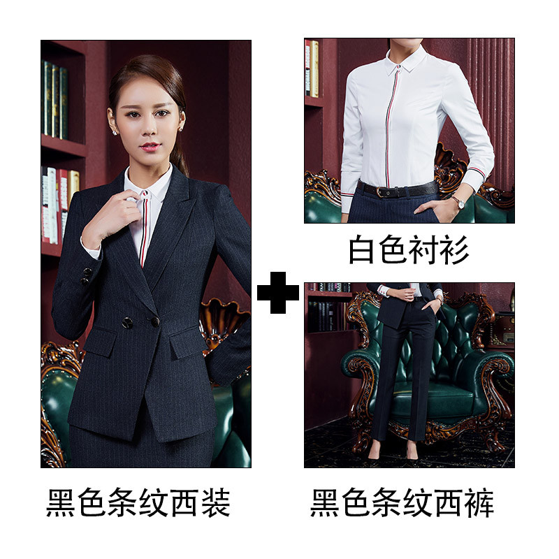 【女先生西服套装】冬款毛料西装韩版职业套装通勤OL女装西服工装女士正装黑色西装外套大码工作服高档职业装 黑条纹西服+裤+衬衫 S