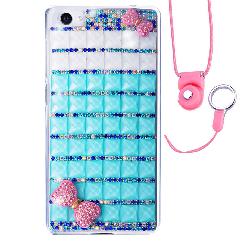 法威仕 满钻炫彩果冻水钻透明手机软壳保护套带挂绳 适用于VIVO X7plus/5.7屏 炫彩雀蓝-粉蝴蝶结-软壳+粉挂绳
