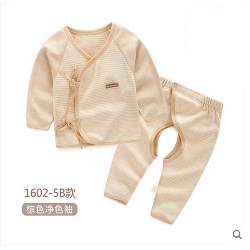 0-6个月新生儿衣服内衣套装2017春季新款婴幼儿男女宝宝对襟系带长袖上衣开档长裤2件套和尚服婴幼儿内衣 52cm(52cm(适合0-2月，6-10斤宝宝，无骨拼接技 棕色细条纹