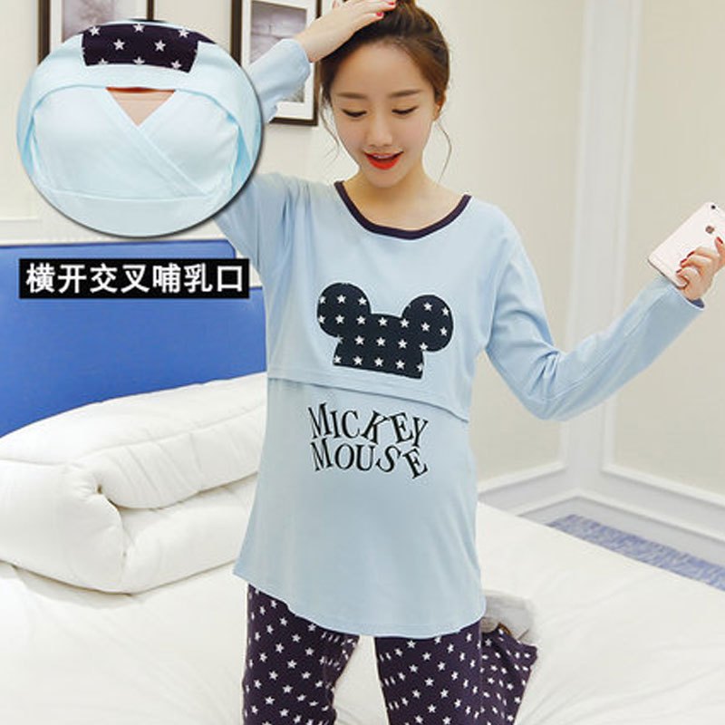 孕妇睡衣2017年春季上新款春夏季月子服春季产后外出哺乳期产妇喂奶家居服薄款圆领套头家居服卡通动漫家居服套装 XXL 蓝色米奇款