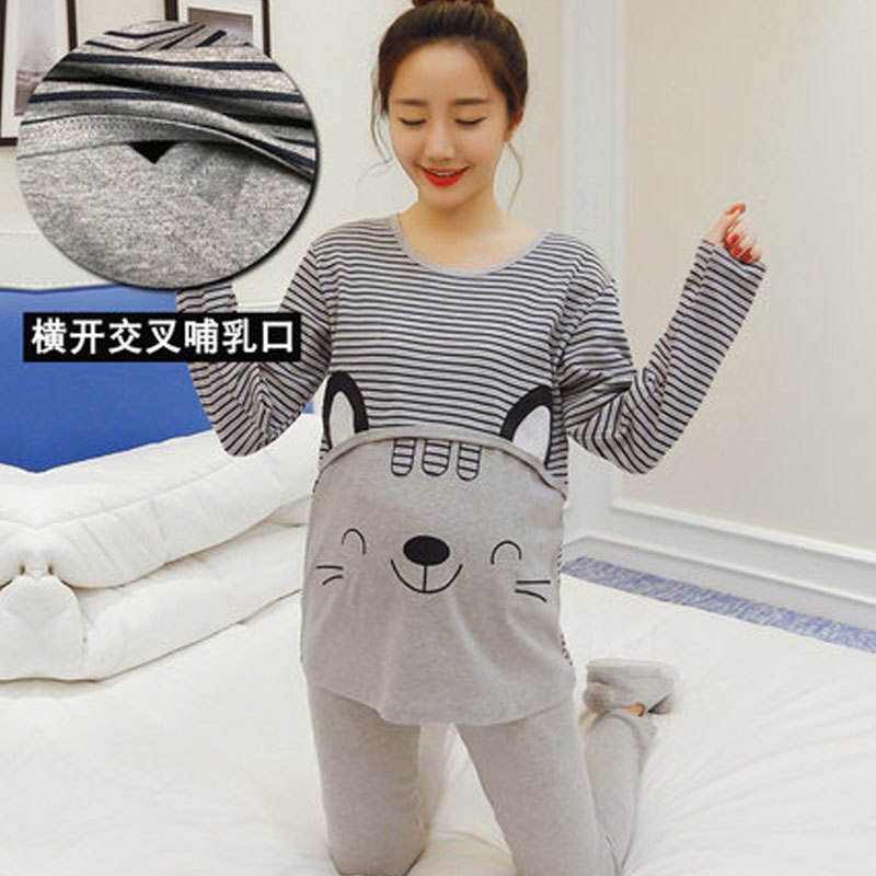 孕妇睡衣2017年春季上新款春夏季月子服春季产后外出哺乳期产妇喂奶家居服薄款圆领套头家居服卡通动漫家居服套装 M 灰色条纹大耳猫
