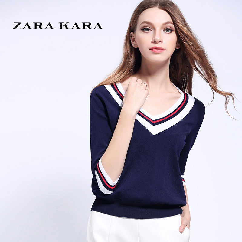 ZARA KARA一字领T恤中长袖打底衫撞色修身显瘦内搭上衣2017春季新款女装 XL 藏青色