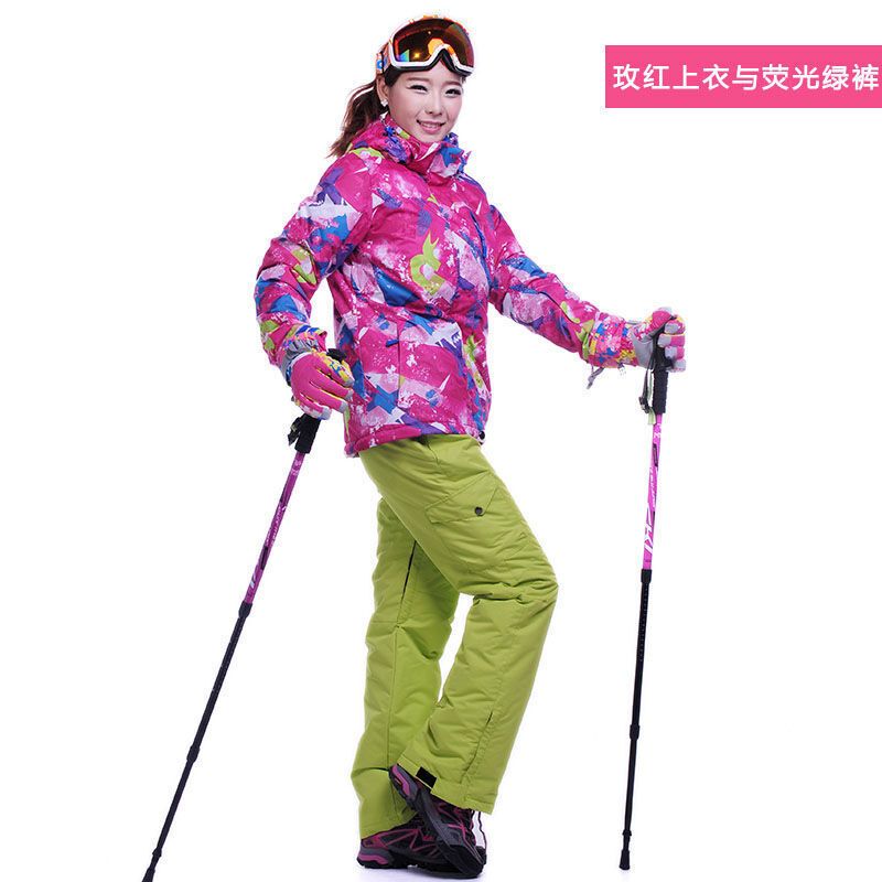 嘟嘟美倍尔 2016冬季女士滑雪服套装户外防风防水保暖冲锋衣单双板滑雪衣 L 玫红衣荧光绿裤