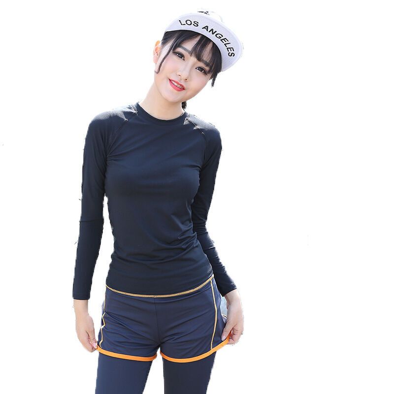 嘟嘟美倍尔 运动户外套装假两件休闲潮流时尚套装女韩版瑜伽服跑步紧身衣裤长袖健身衣运动 l 灰桔色